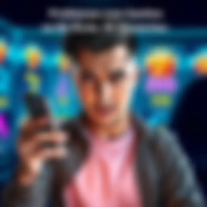 A person looking concerned while holding a phone, indicating a problem with a game reward, with a background showing game graphics.