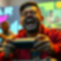 A frustrated player with a game controller, laughing despite losses, showcasing determination