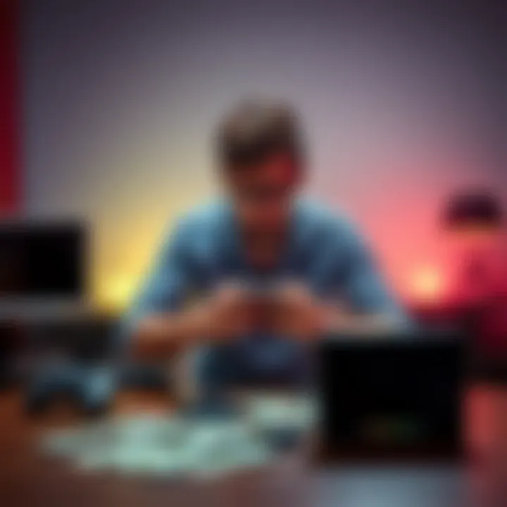 Player with gaming console and money A person sitting with a gaming console, looking frustrated while counting cash on a table after losing money in games.
