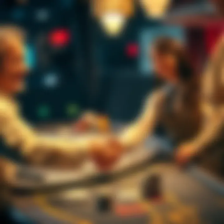 Player greeting dealer A player smiling and shaking hands with a dealer at a gaming table, creating a friendly atmosphere