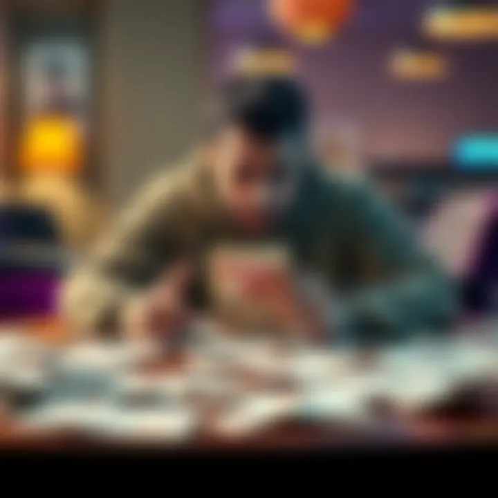 A man sitting at a table with lottery tickets spread out, showing frustration over his recent losses while looking at a Fantasy 5 ticket, symbolizing hope for a jackpot win.