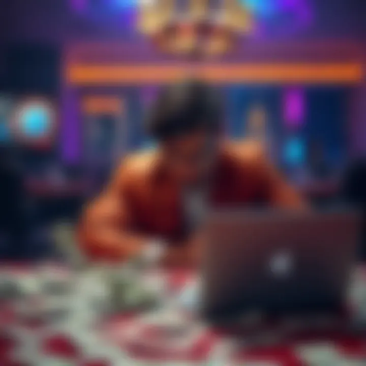 A distressed person sits at a table covered with bills and a laptop, looking worried and overwhelmed, representing the impact of social casino gambling addiction.