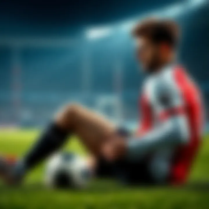 Player injured during first quarter Football player on the ground holding his leg in pain after a tackle during the first quarter of a game