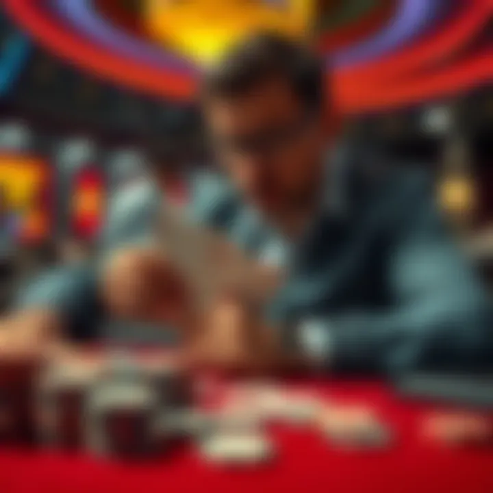 A distressed player reacts as the dealer shows a blackjack at the casino table, surrounded by cards and chips.