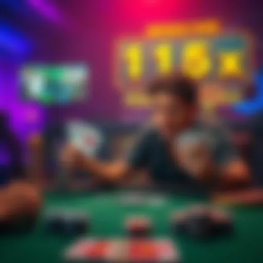 A frustrated player sits at a gaming table with cards in hand, displaying a worried expression after four losses in a row, while a screen shows a 1.5x multiplier.