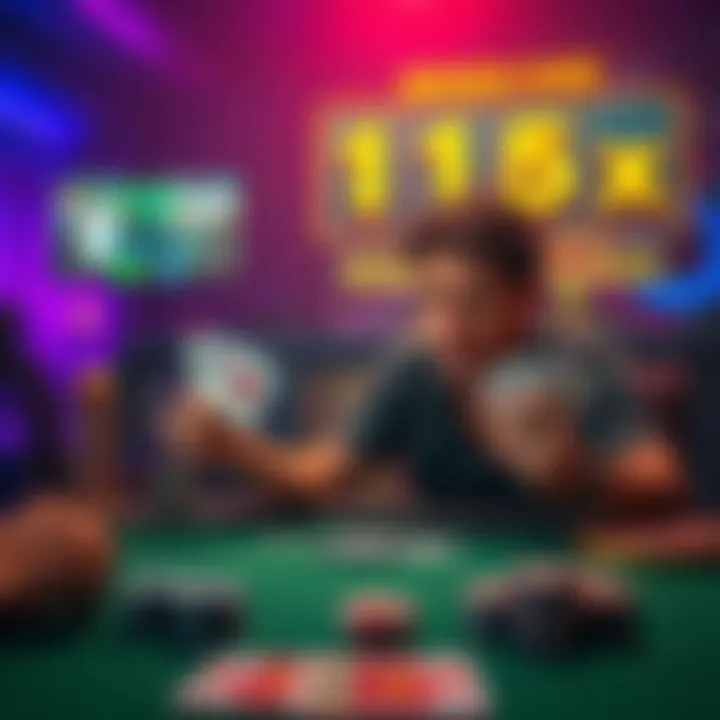 A frustrated player sits at a gaming table with cards in hand, displaying a worried expression after four losses in a row, while a screen shows a 1.5x multiplier.