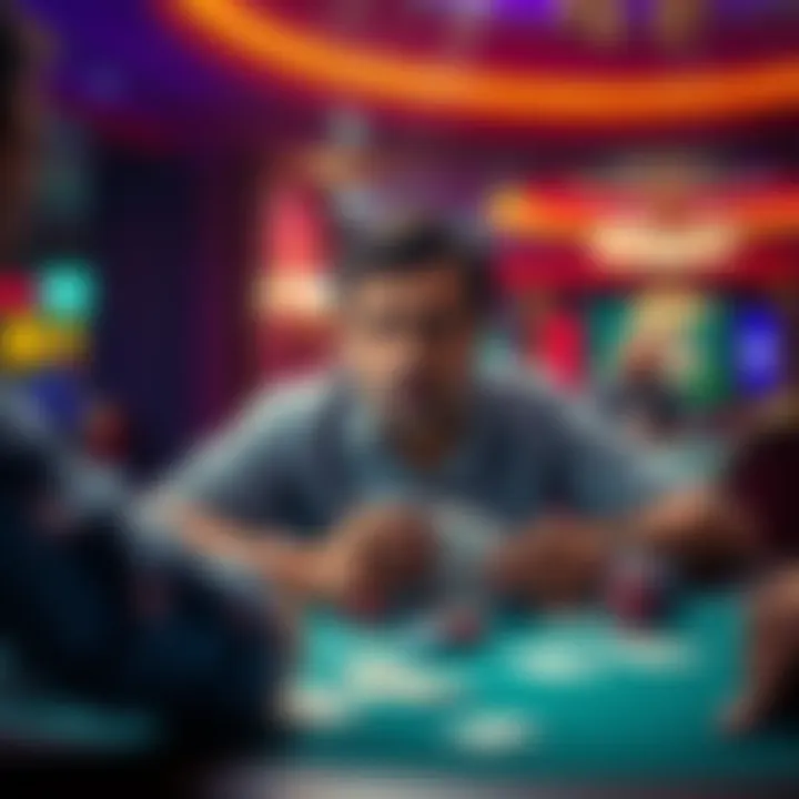 A determined player sitting at a casino table with poker chips and cards, focused on winning big while looking anxious.