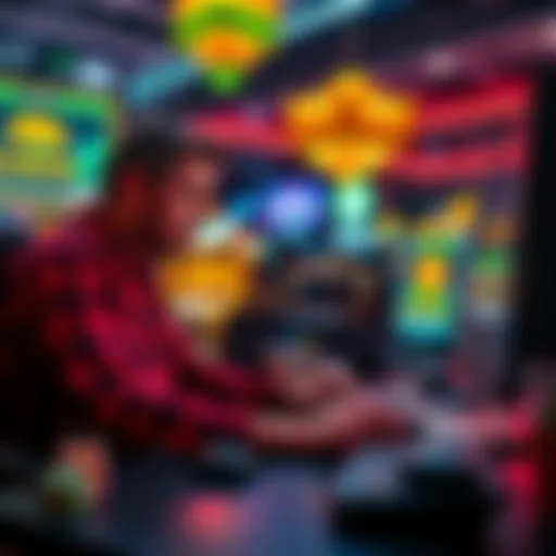 A person sits at a computer, with casino games on the screen and a credit card in hand, looking frustrated