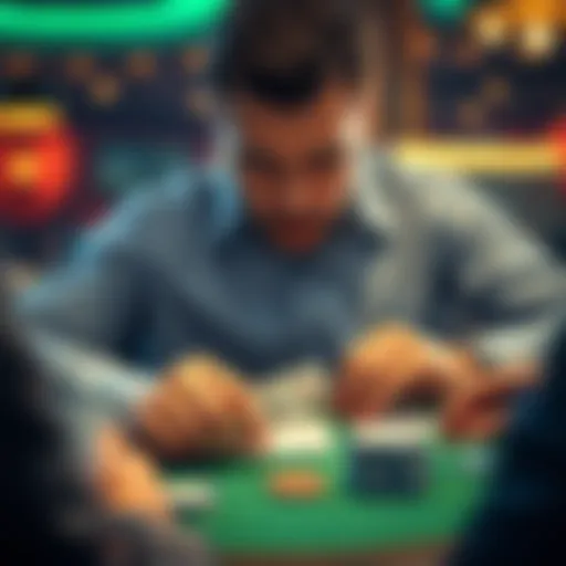 A poker player seemingly trying to look at another player's cards during a tense game at a poker table.