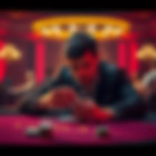 A focused player examines their cards at a poker table, with chips in front and a tense atmosphere around.