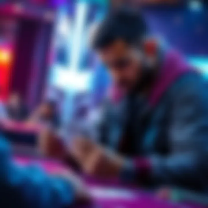 A poker player studying their cards and the table, focused on strategies against high VPIP opponents.