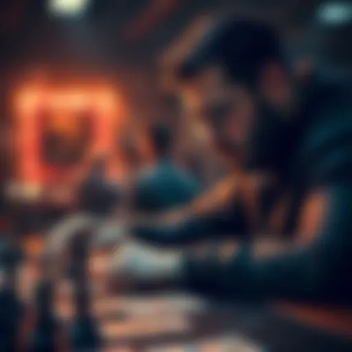 A focused player studying game cards and moves at a table, improving their skills through practice.