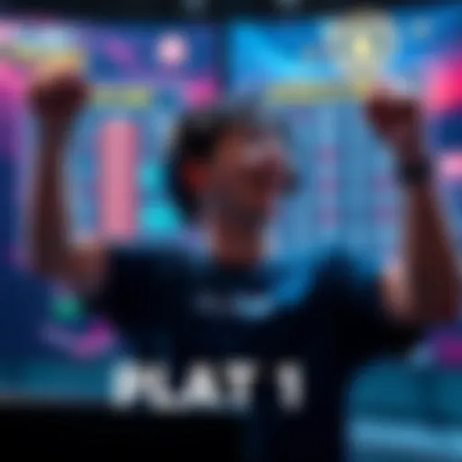 A gamer celebrating after reaching Plat 1 rank, showing satisfaction and determination, with gaming stats displayed on the screen behind.