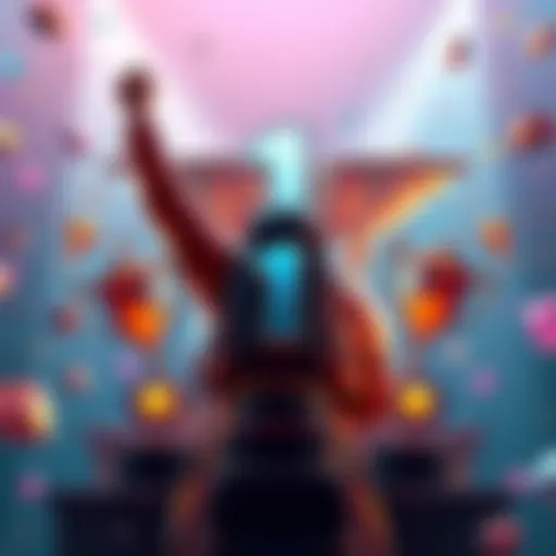 A gamer celebrating after achieving Platinum 1 rank, surrounded by trophies and rewards.