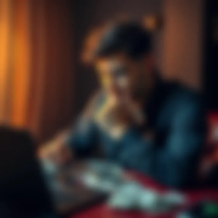 A thoughtful man sits at a table, looking at betting slips and a laptop, highlighting the regret of losing money in gambling.