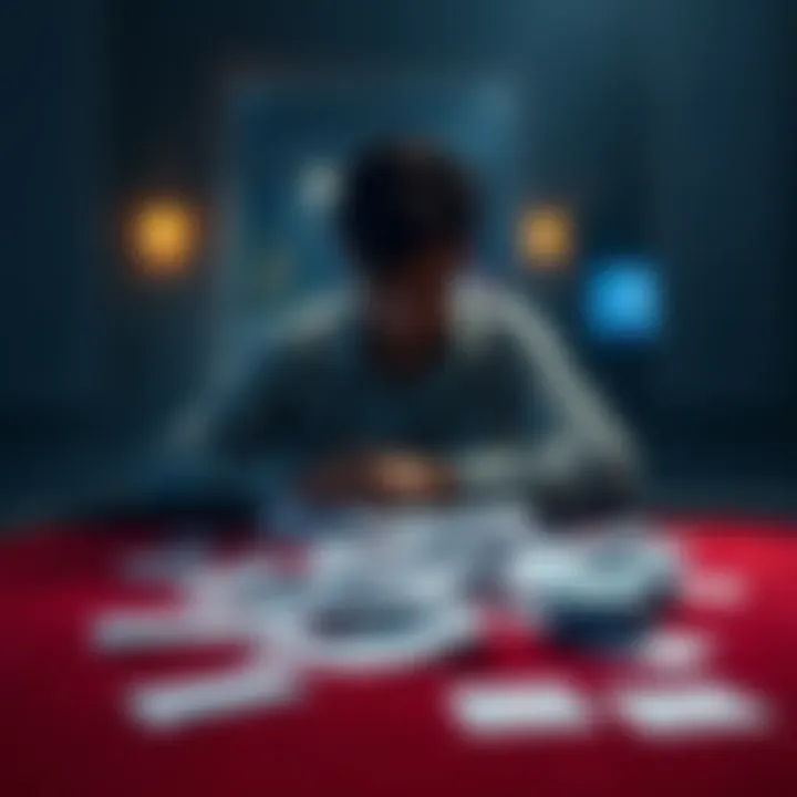 A somber person sits at a table with empty betting slips, reflecting on their gambling losses, surrounded by a dimly lit room.