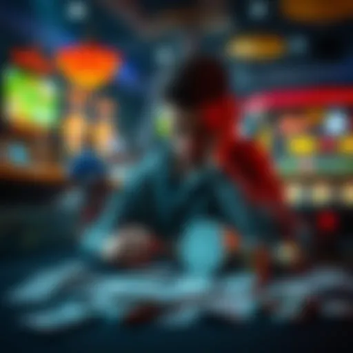 A person sitting at a table looking worried with bills scattered around, symbolizing financial struggles from gambling