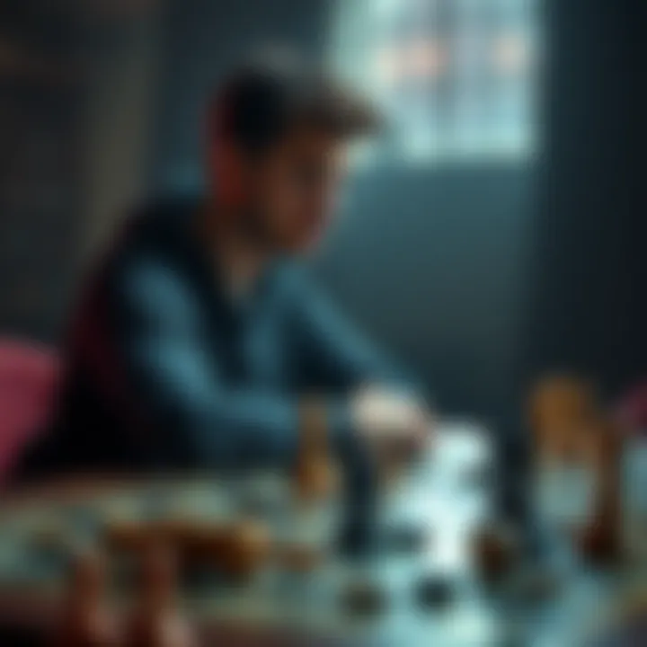 A player sits at a table, looking thoughtful and determined, with game pieces scattered around, symbolizing the journey of improvement after a setback.