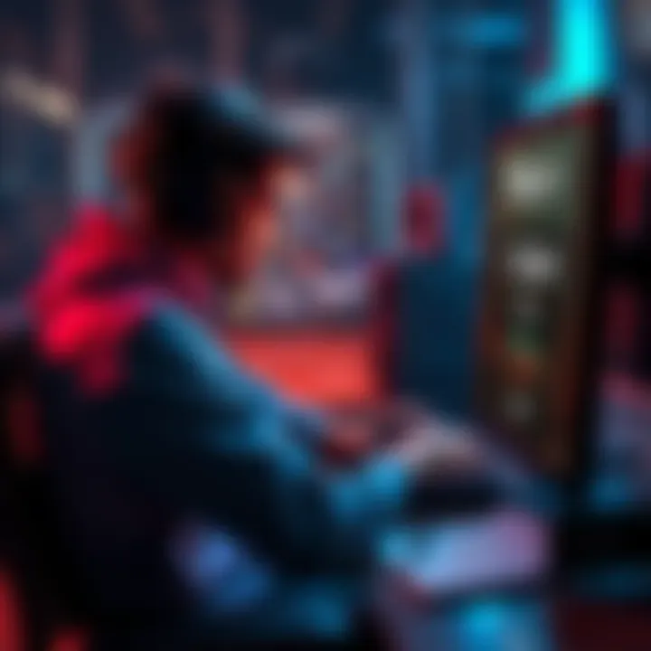 A gamer sitting at a desk, looking stressed while glancing at their screen showing a game ranking of Plat 4, with a notepad beside them filled with notes about their losses.