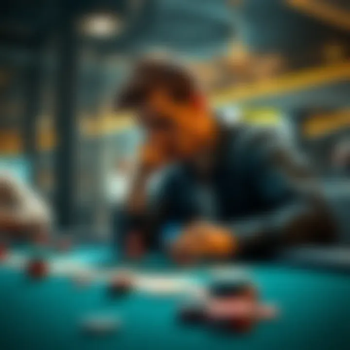 A casual player sits at a game table, pondering strategies with chips and cards spread out, showing a mix of victory and doubt.