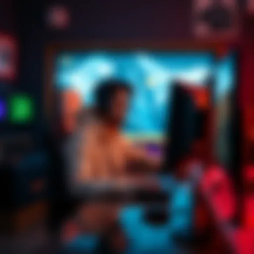 A player sits at a computer, reflecting on their emotions while gaming, surrounded by gaming accessories and a focused expression.
