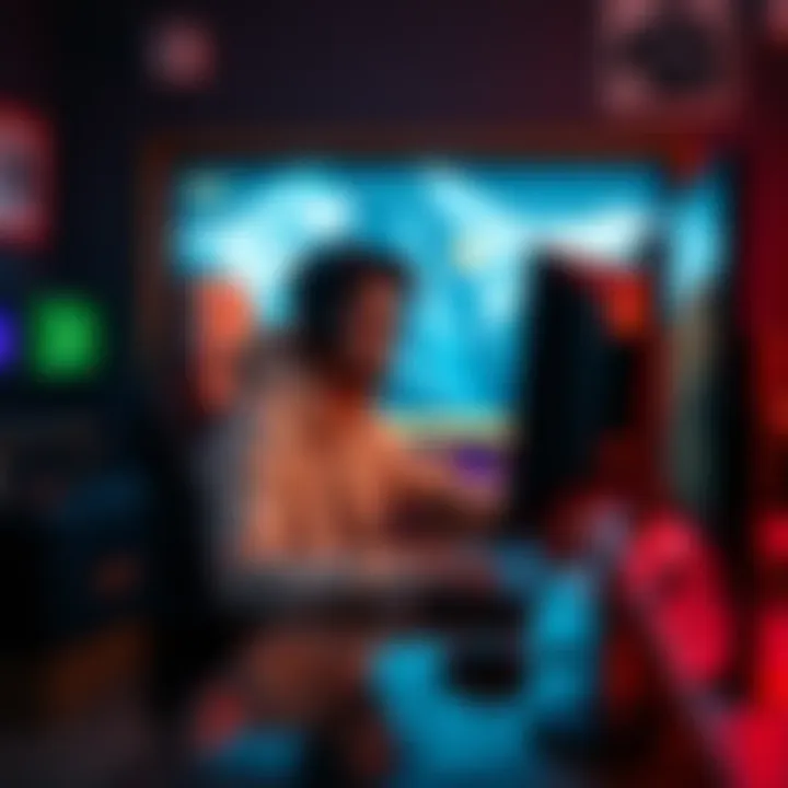 A player sits at a computer, reflecting on their emotions while gaming, surrounded by gaming accessories and a focused expression.