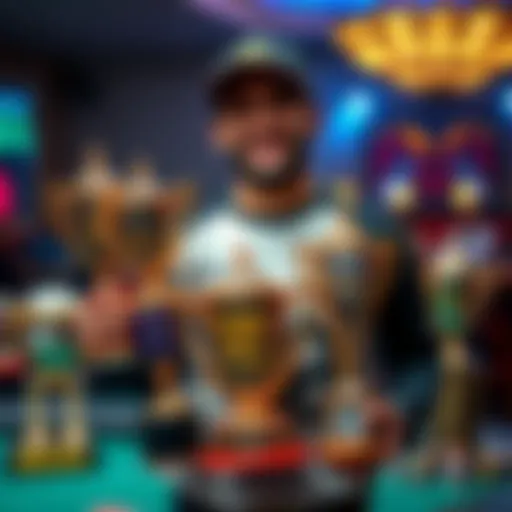 A proud player stands with 22 trophies, showcasing his achievements in poker tournaments, including five from live events.