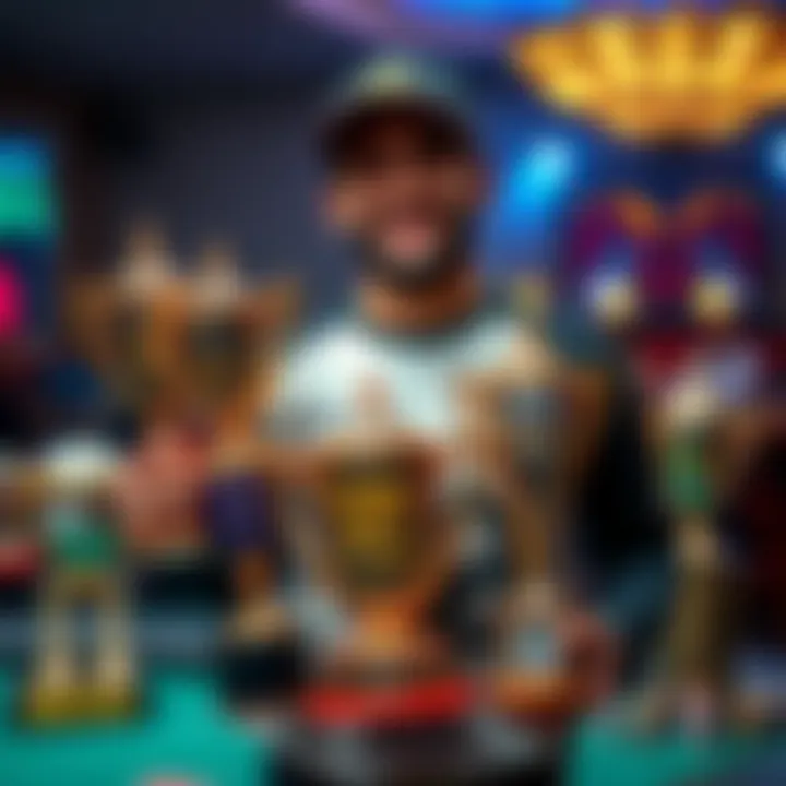 Player Showing 22 Trophies A proud player stands with 22 trophies, showcasing his achievements in poker tournaments, including five from live events.