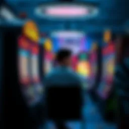 A person sitting at a slot machine looking disappointed after losing money, with empty coins scattered around.