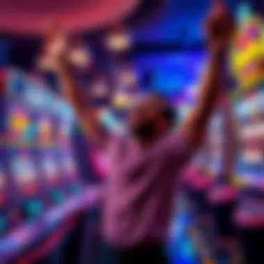A person joyfully celebrating after winning at a high-limit slot machine, surrounded by colorful lights and sounds in a casino