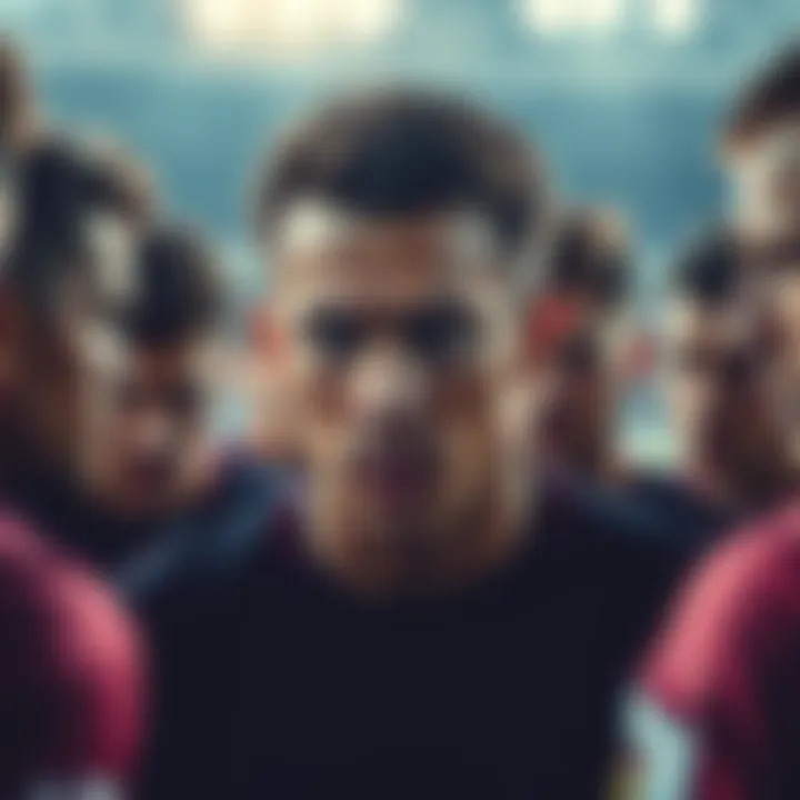 A focused player with a tense expression, surrounded by teammates, reflecting on their performance under pressure during a match.