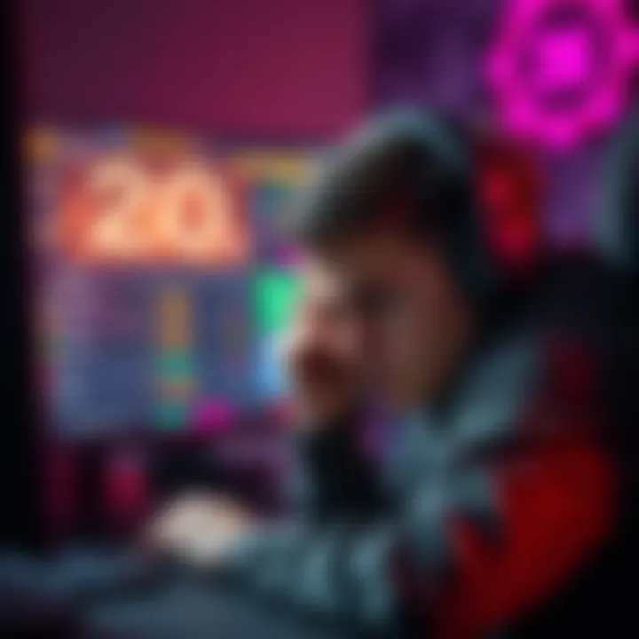 A gamer with a frustrated expression on their face, sitting in front of a computer screen showing game stats with multiple deaths and low score.