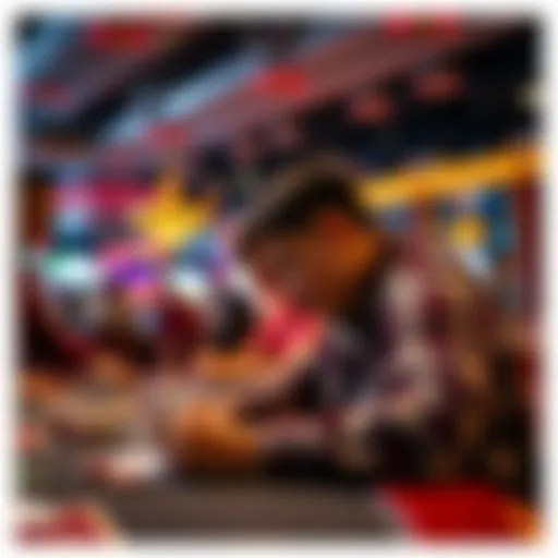 A frustrated player looks at their cards at a busy live poker table while others celebrate their wins, showing the contrast between online and live gaming experiences.