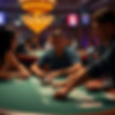 Player at a 4-person tournament table A player sitting at a tournament table with three other competitors, showing a focused expression as they play a card game.