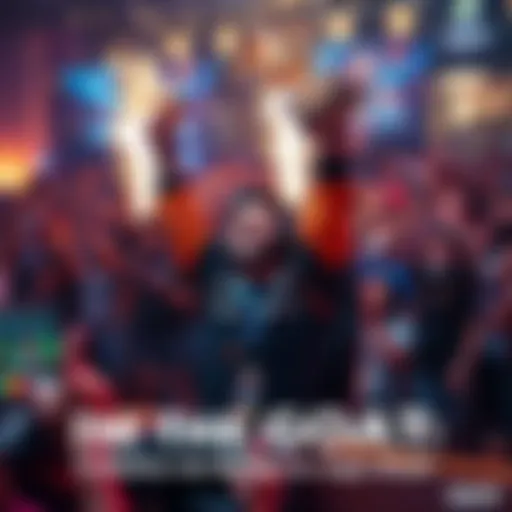 A skilled player in a gaming setup, celebrating triumph with a trophy in hand, surrounded by enthusiastic fans.