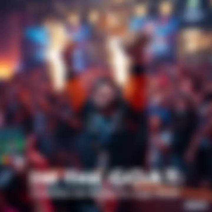 A skilled player in a gaming setup, celebrating triumph with a trophy in hand, surrounded by enthusiastic fans.