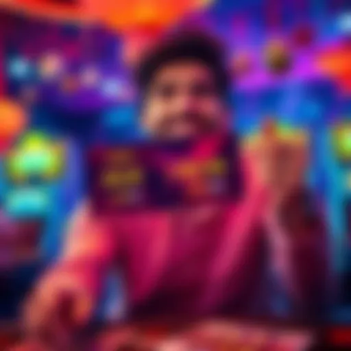 A player smiles while showing a screen with winning amounts in the game Blood Suckers, surrounded by casino-themed decorations.