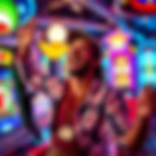 A joyful player celebrating a big win at a slot machine with casino lights in the background