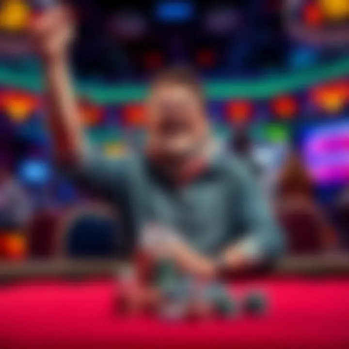 Player Wins Big A poker player celebrating a big win with chips and a table in the background