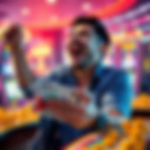 A joyful player celebrating a big win at a bonus game, showing excitement and cash in hand