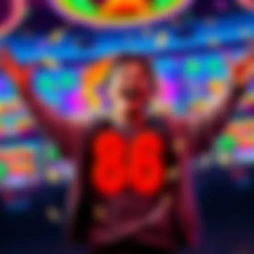 A joyful player celebrating a win of 86 dollars after betting 1 dollar on Cash Eruption, with colorful game graphics in the background
