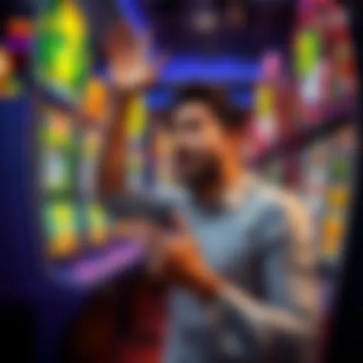 A person celebrating after getting 72 free spins but looking disappointed with small winnings, showing mixed emotions at a slot machine.