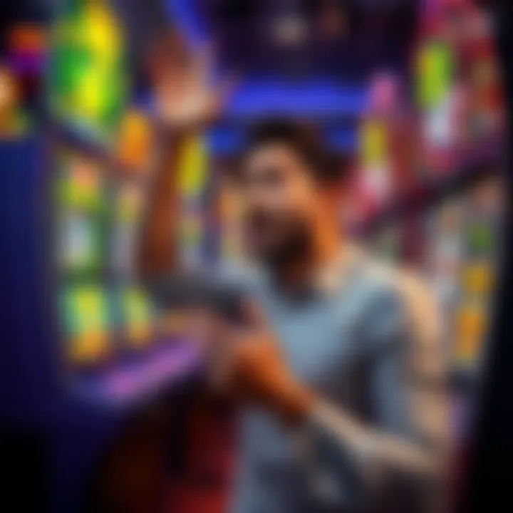 A person celebrating after getting 72 free spins but looking disappointed with small winnings, showing mixed emotions at a slot machine.