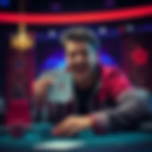 A poker player celebrating after winning a hand with QQ against K10 suited.