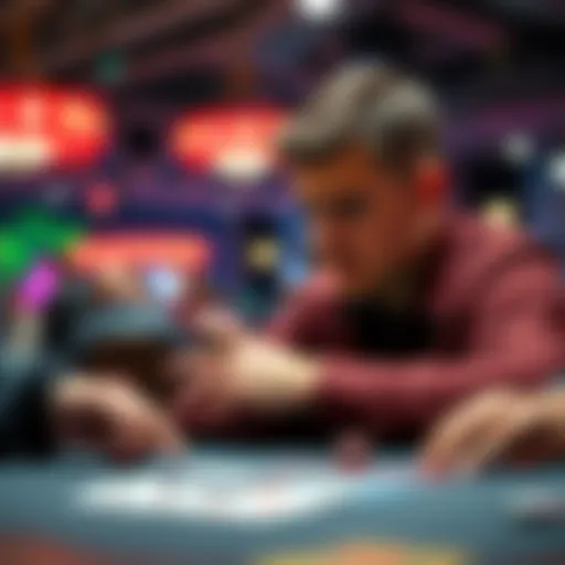 A poker player looking tense at the table during a WSOP event, contemplating a critical decision with AQo in hand.