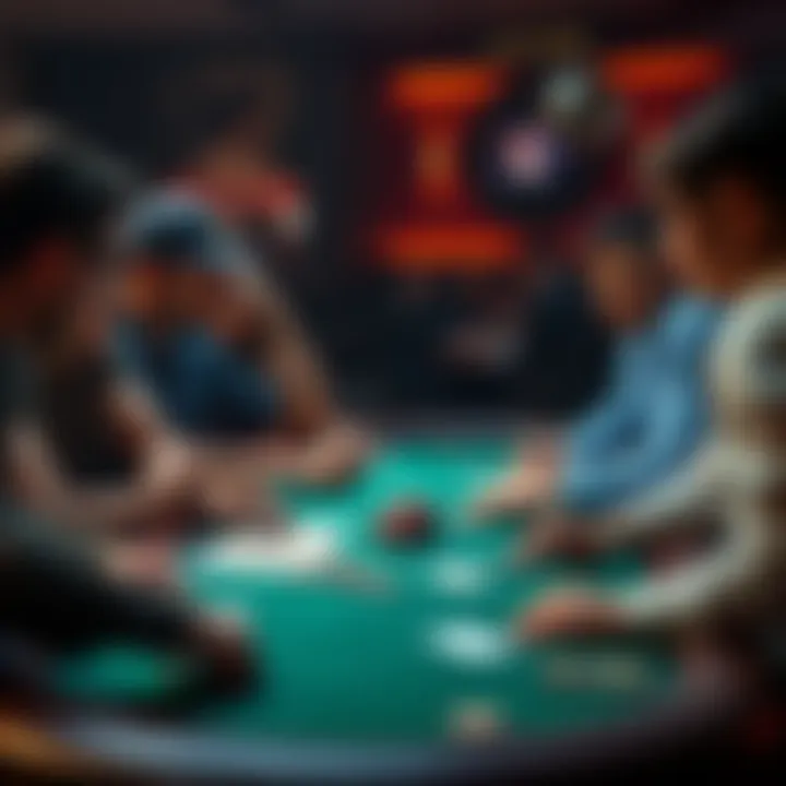 A group of players at a game table, observing each other's body language and expressions to read psychological cues, with cards and chips in front of them.