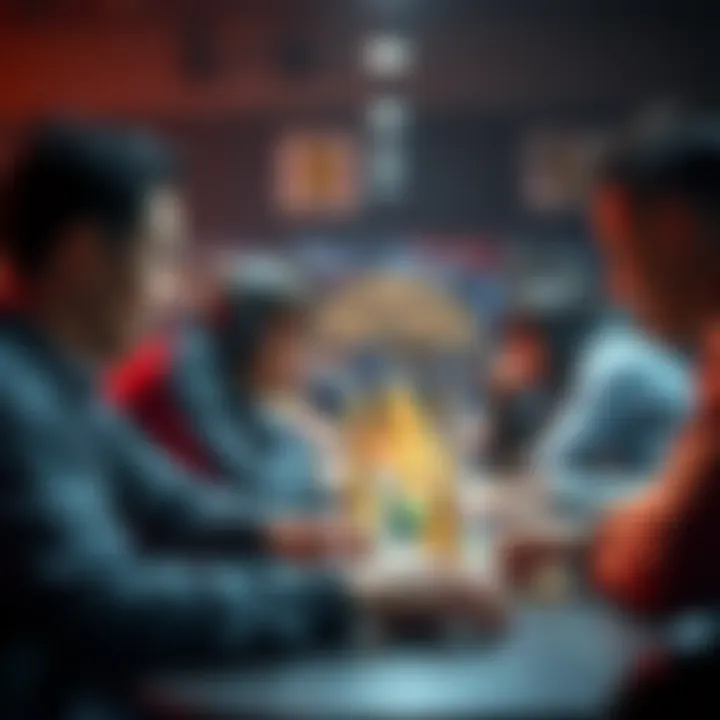 A group of players studying their opponents' expressions and gestures during a board game tournament