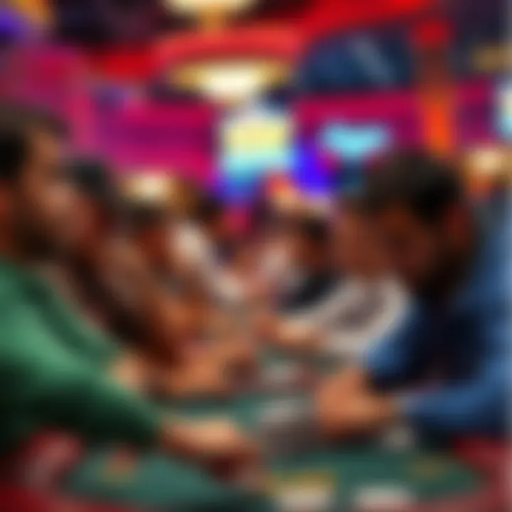 Group of poker players engaged in a freeroll game at the WSOP, showing their expressions of frustration and focus on the tables