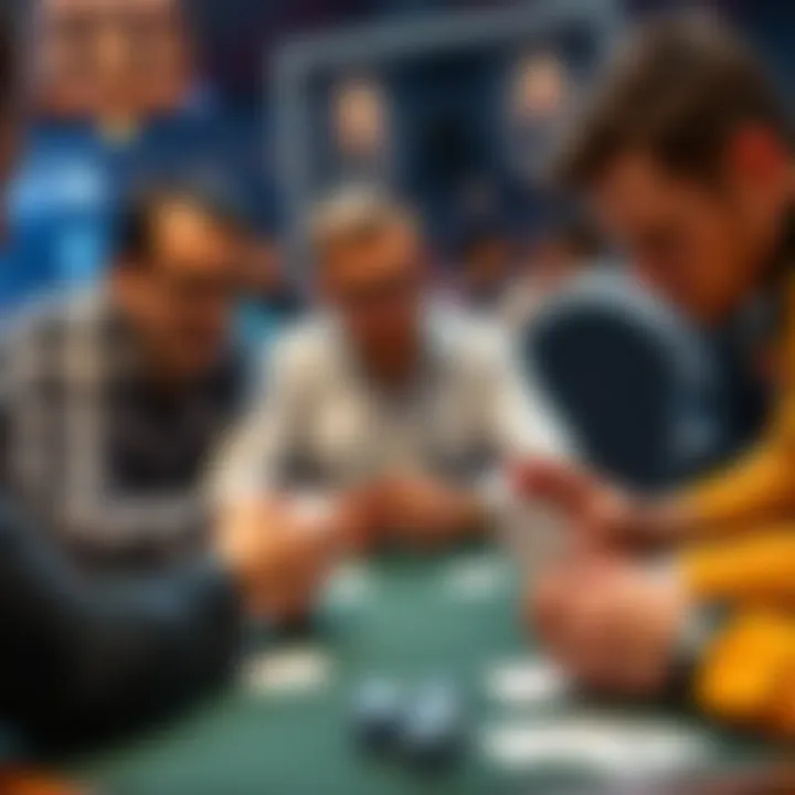 A group of card players intently looking at their hands after a flush appears on the table, showing mixed expressions of surprise and strategizing.