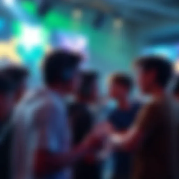 Group of gamers sharing and discussing their best gameplay moments at an event
